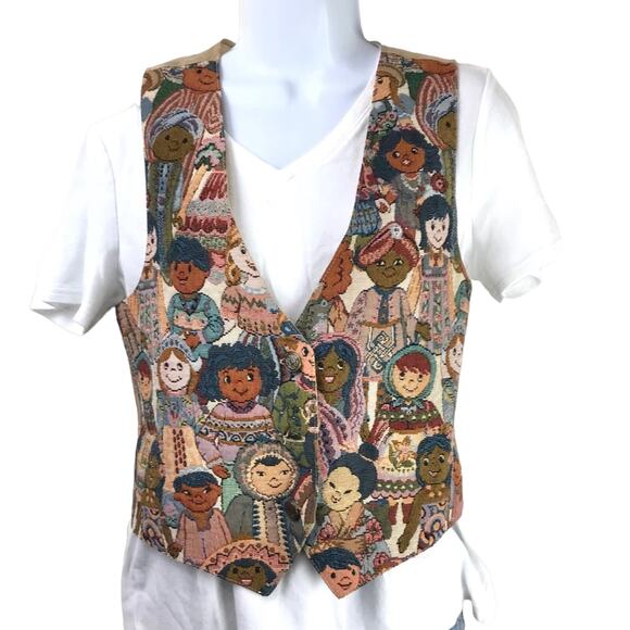 Vintage Small World Multicultural Tapestry Vest M - Picture 1 of 6